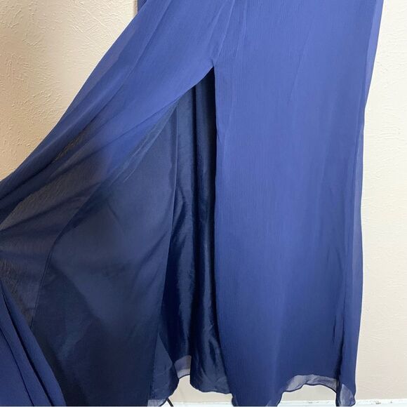 Davids Bridal faux wrap pleated chiffon maxi v neck dress marine navy - Picture 5 of 14